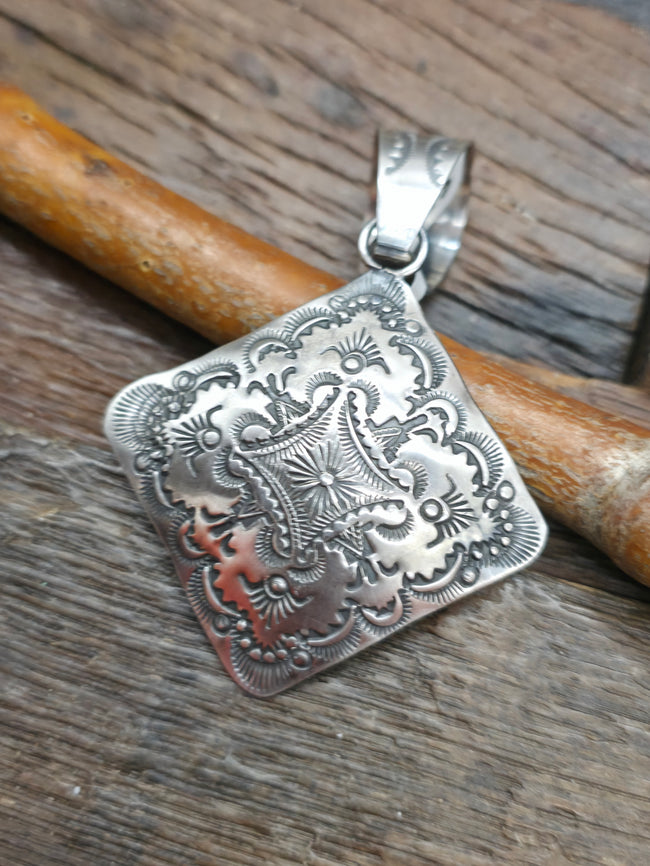 Stamped Sterling Silver Diamond Shaped Pendant by Vincent Platero - 3 1/2 in. by 2 in.