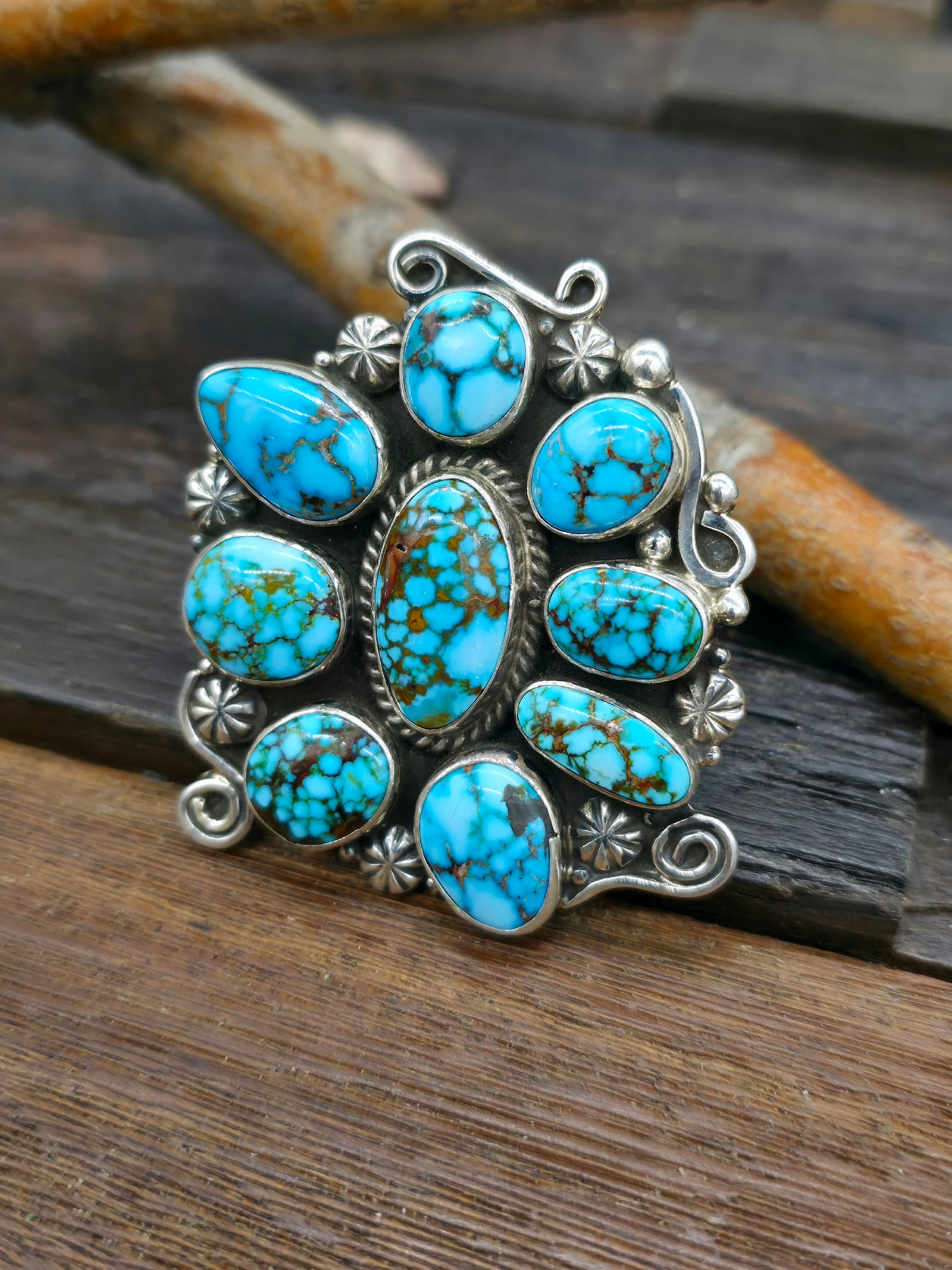 Large Sterling Silver Turquoise Cluster Statement Ring by Geneva Apachito - Size 9