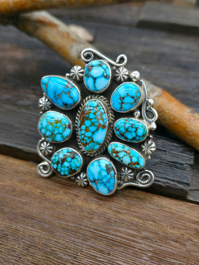 Large Sterling Silver Turquoise Cluster Statement Ring by Geneva Apachito - Size 9