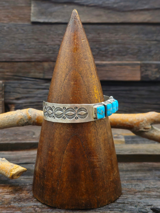 Five-Stone Bluebird Turquoise Sterling Silver Cuff by LaRose Ganadanegro - 6 1/2in.