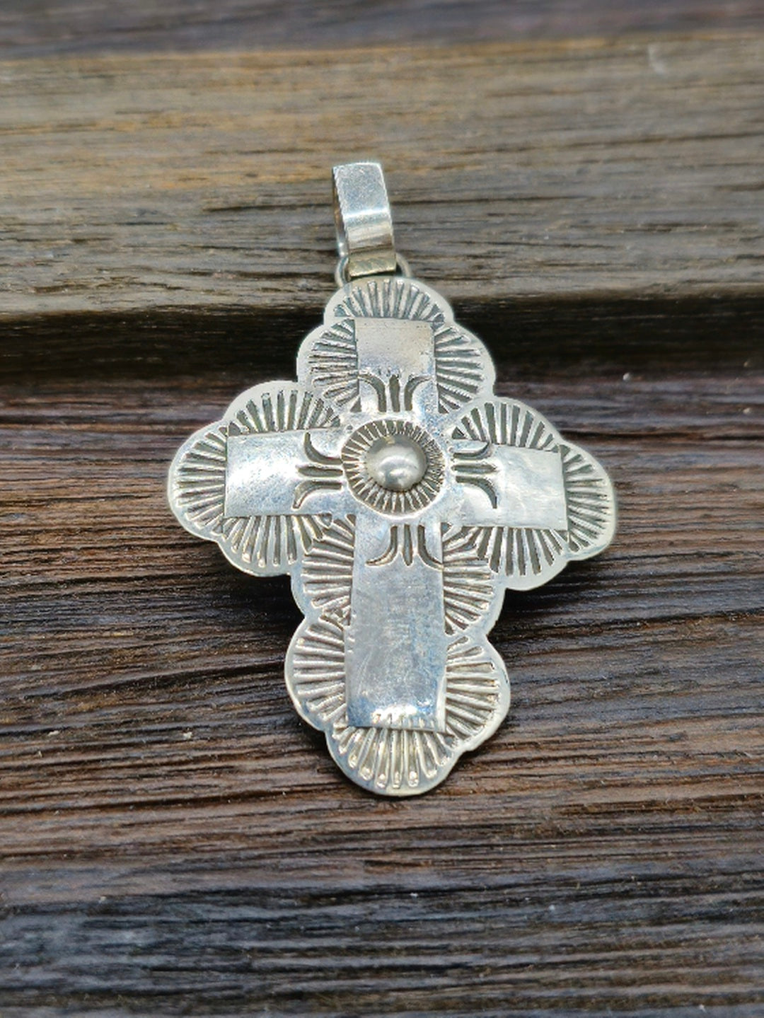 Stamped High-Shine Sterling Silver Cross Pendant by Bertha Begay