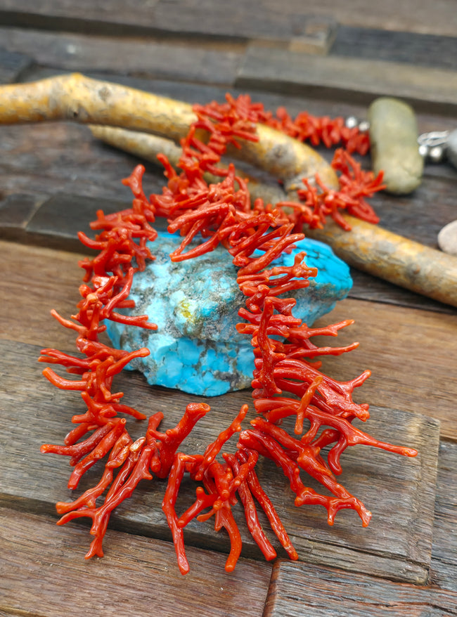 Graduated Branch Coral Necklace w/Sterling Silver Cones - 26 in.