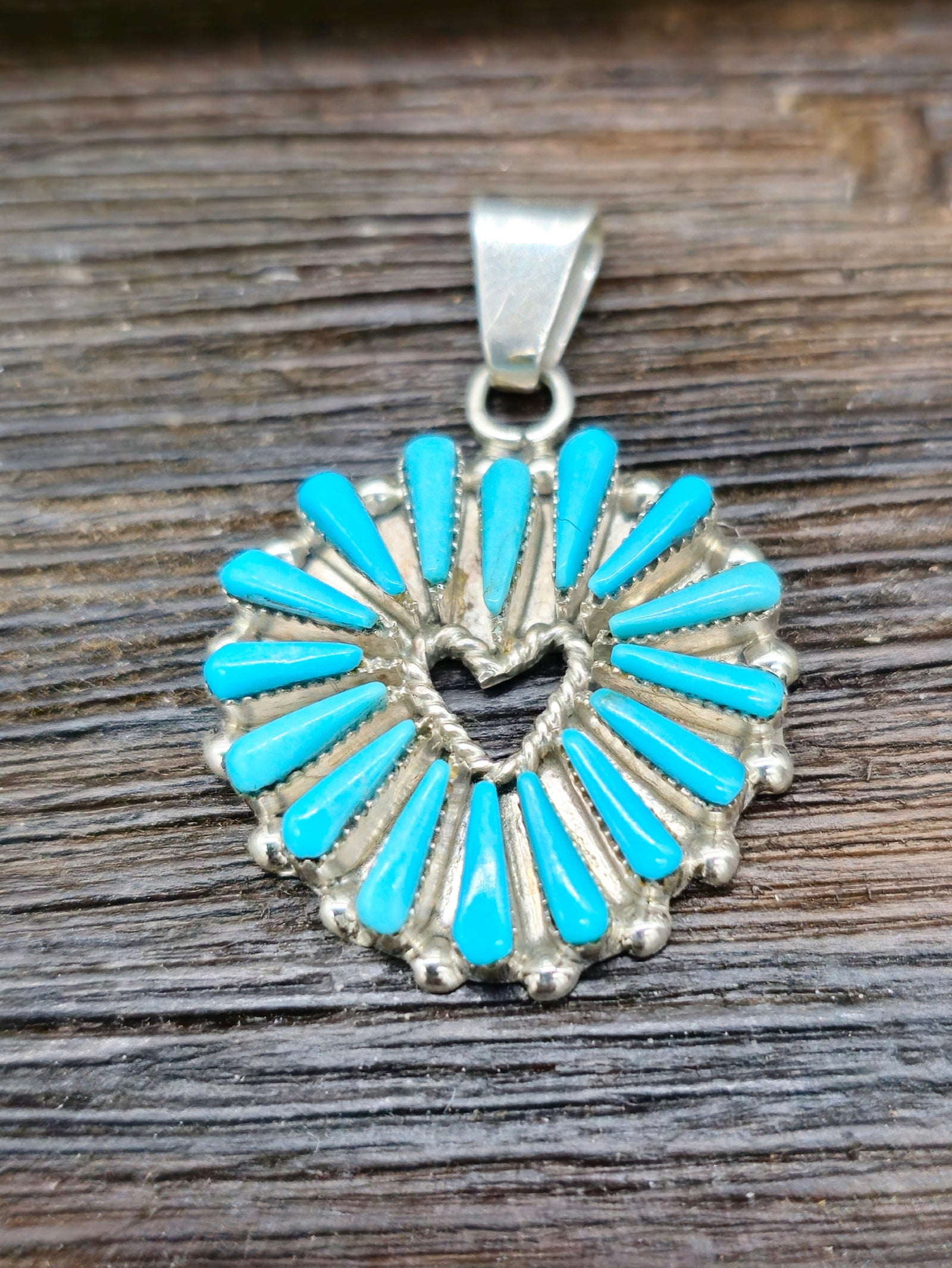 Sterling Silver and Blue Turquoise Zuni Needlepoint Heart Pendant - 1 1/4 in