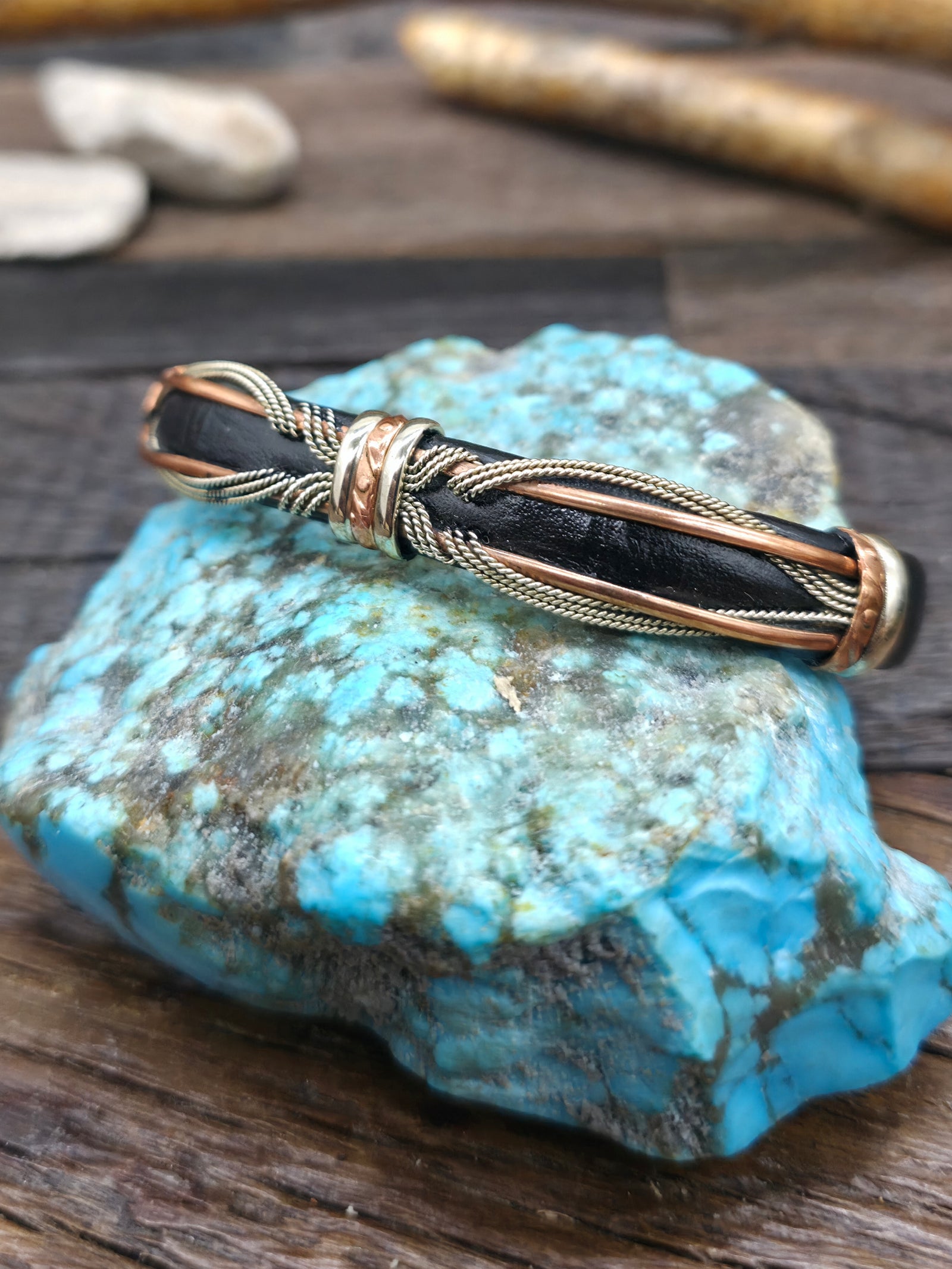 Leather Wrapped Copper, Nickle, and Brass Twisted Wire Cuff - NON NATIVE MADE - 6 1/2 in. with Gap