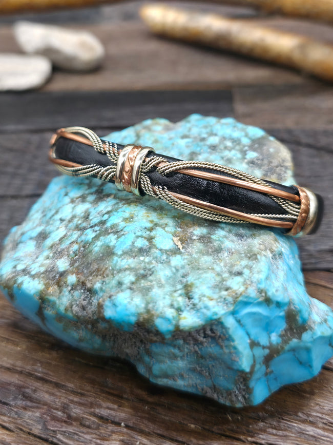 Leather Wrapped Copper, Nickle, and Brass Twisted Wire Cuff - NON NATIVE MADE - 6 1/2 in. with Gap
