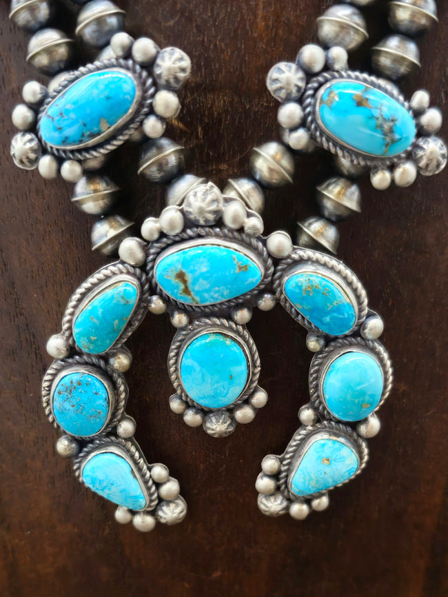 Lone Mountain Turquoise Squash Blossom Necklace and Earring set by LaRose Ganadanegro 22 in