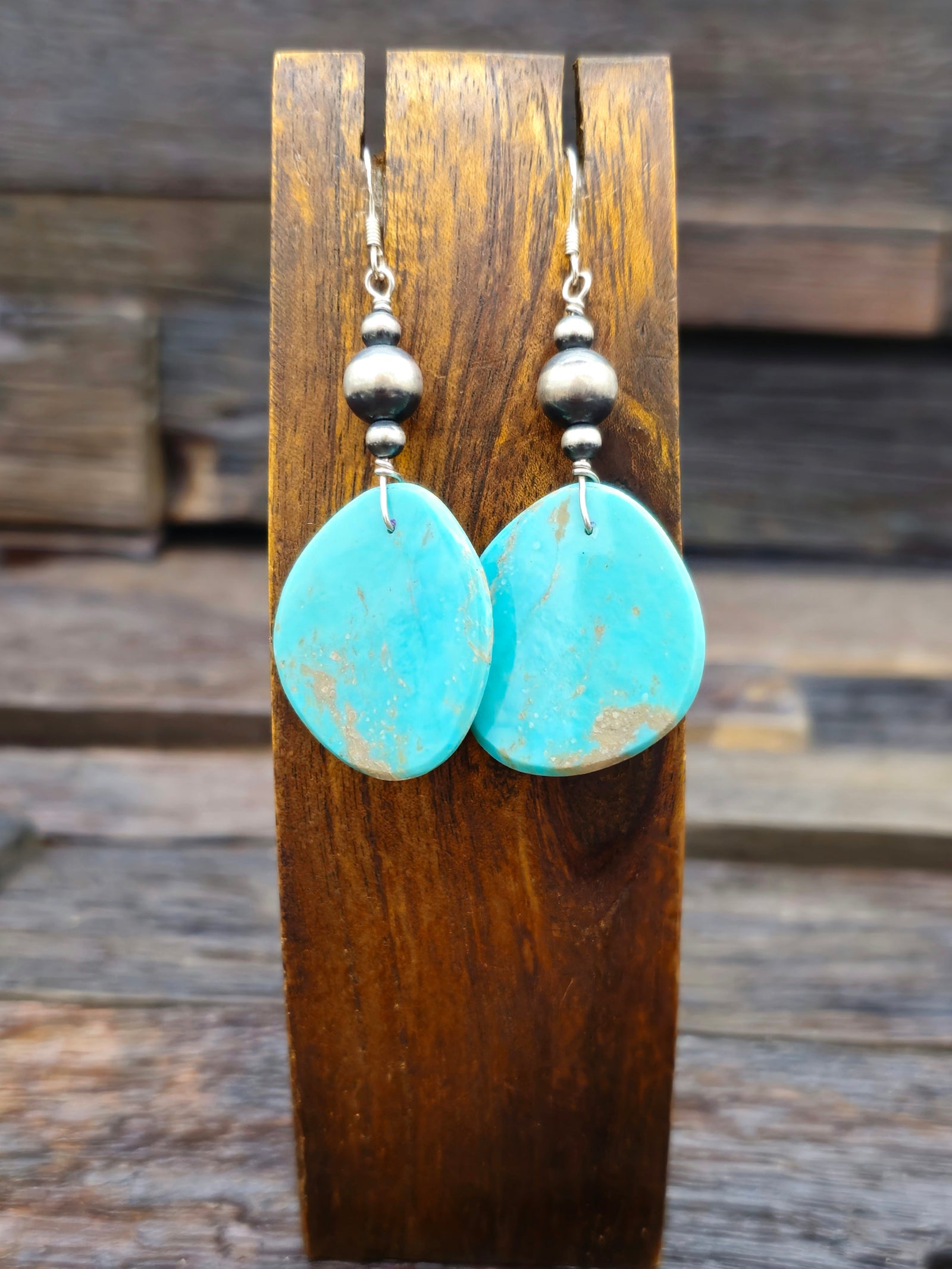 Turquoise Slab Earrings with Oxidized Sterling Silver Beads by Irene Lovato - 2 3/4 in