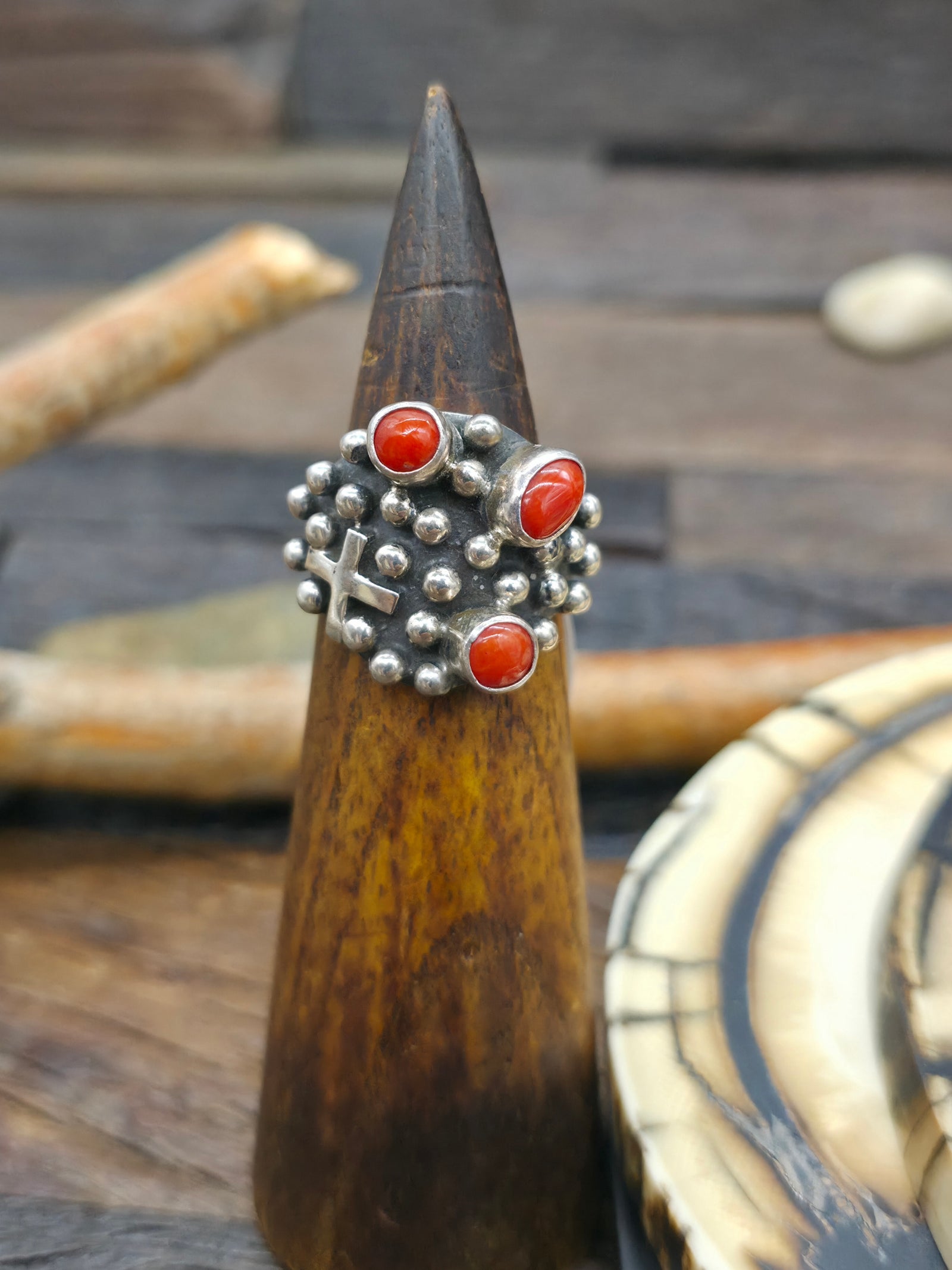 Sterling Silver Cross and Raindrop Coral Ring by Geneva Apachito - Size 9