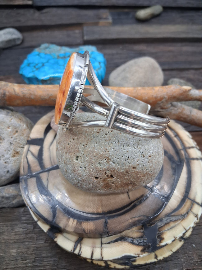 Orange Spiny Round Sterling Silver Bracelet 6in Cuff