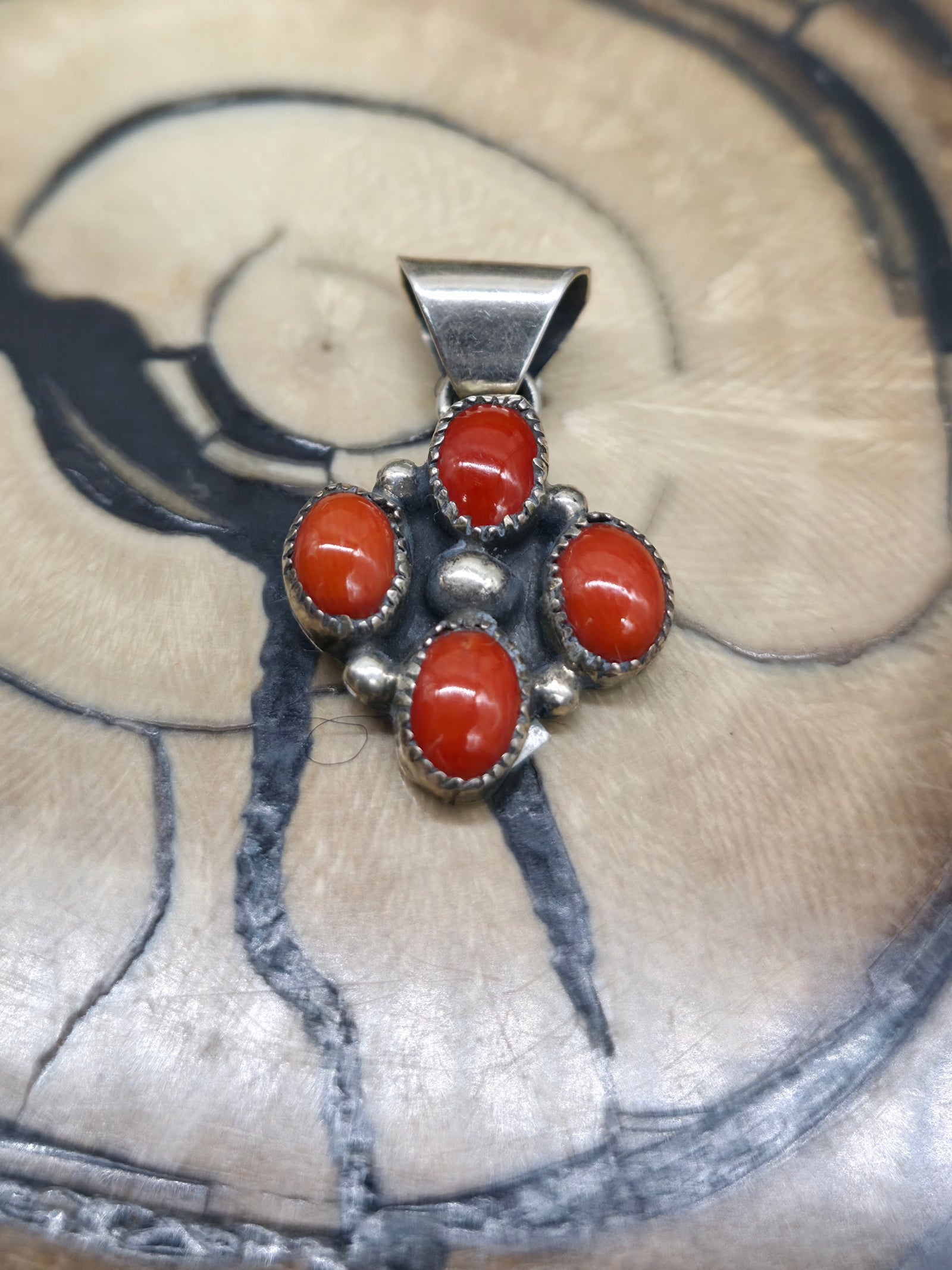 Four Stone Sterling Silver Coral Pendant by Robert Yazzie - 1 in. by 3/4 in.