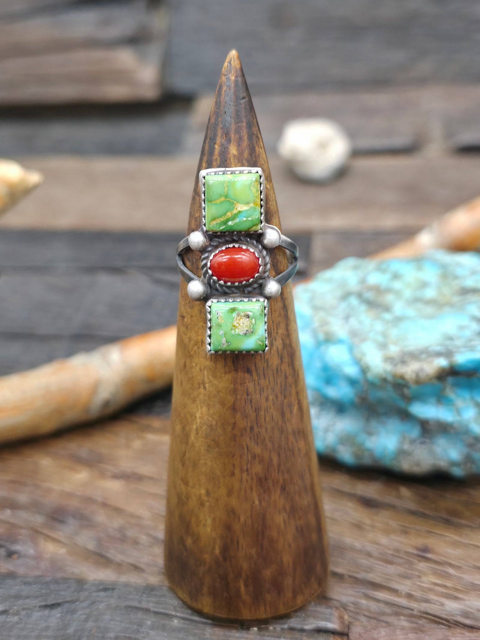 Sterling Silver  Sonoran Turquoise and Coral Ring by L. Ganado - Size 9