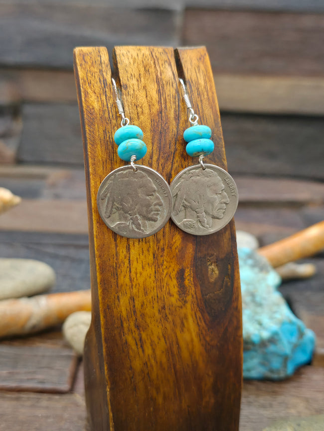 Chief Nickle Dangle Earrings with Turquoise Beads by Owen Lovato