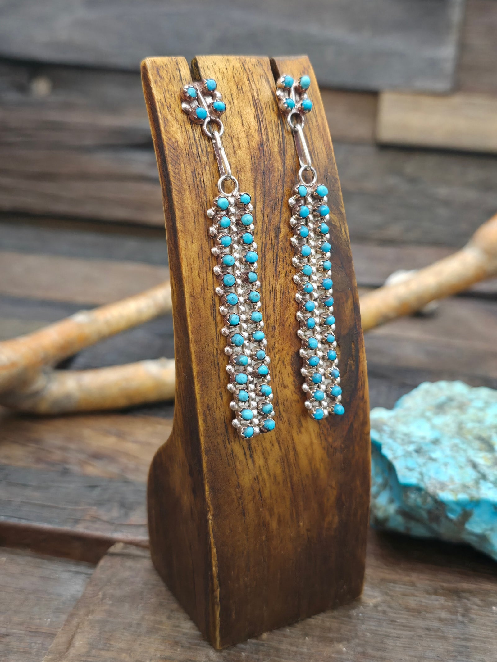 Turquoise Sterling Silver Petit Point Earrings by Glenda Pablito - 3 in. by 1/2 in.