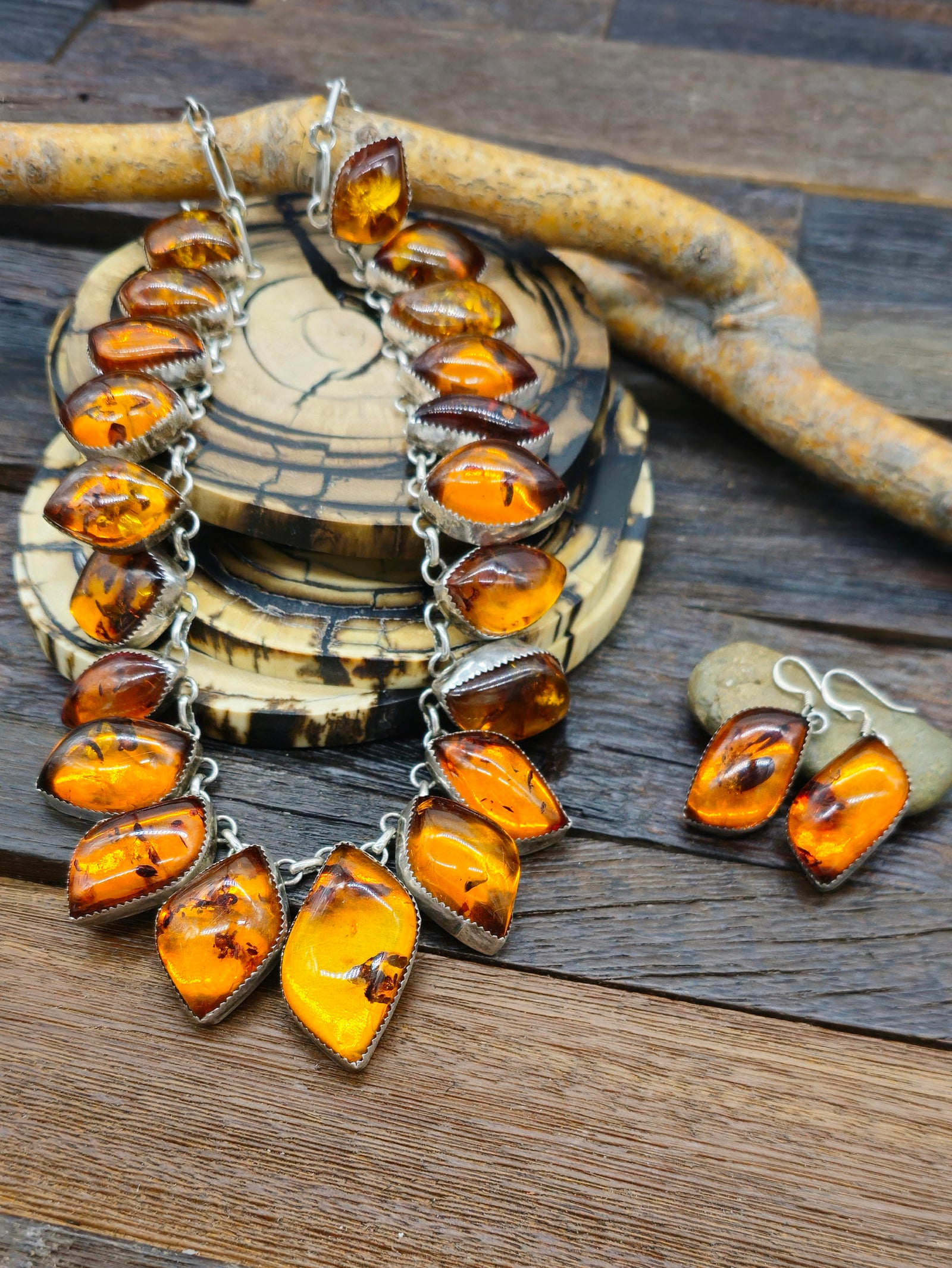 Amber Necklace and Earring Set - 20 in.