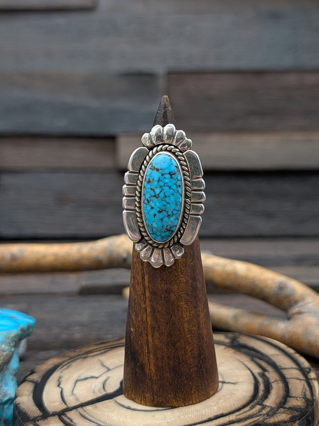 Sterling Silver and Blue Turquoise Oval Ring by M - Size 8