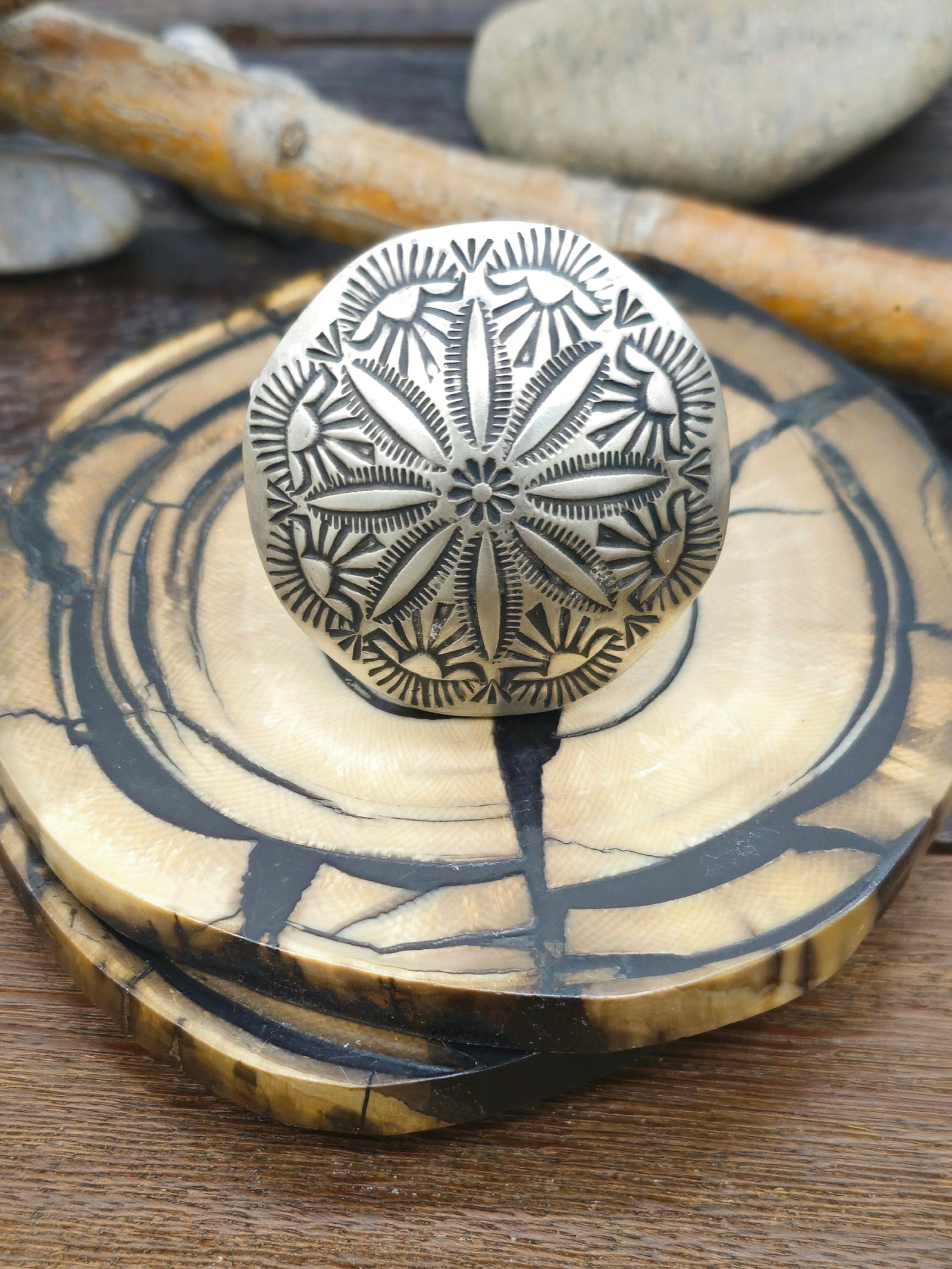 Stamped Sterling Silver Dome Adjustable Ring by Leander Tahe