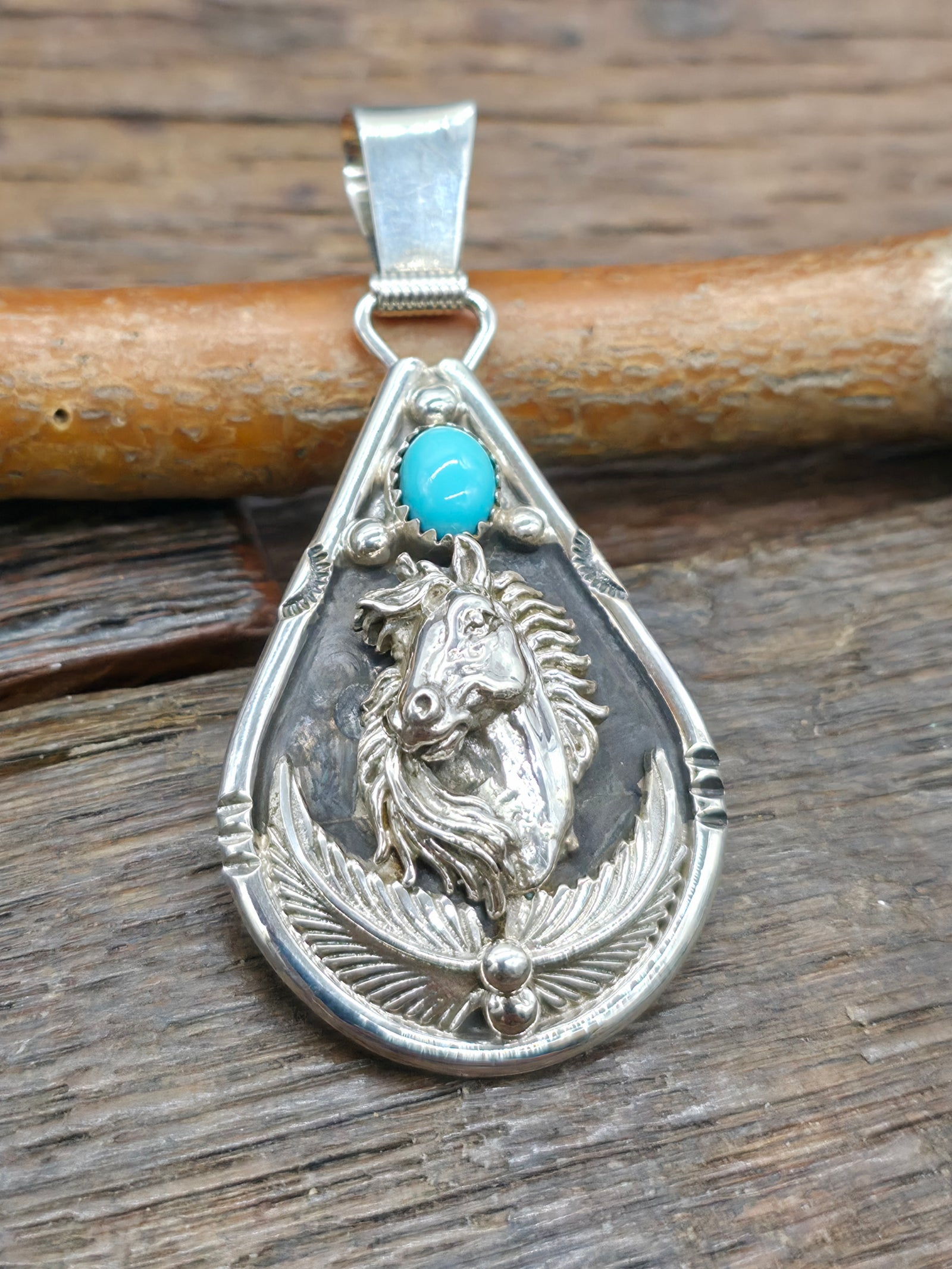 Sterling Silver Turquoise Horse Pendant by "DM" - 2 1/2 in. by 1 1/4 in.