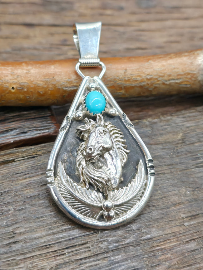 Sterling Silver Turquoise Horse Pendant by "DM" - 2 1/2 in. by 1 1/4 in.