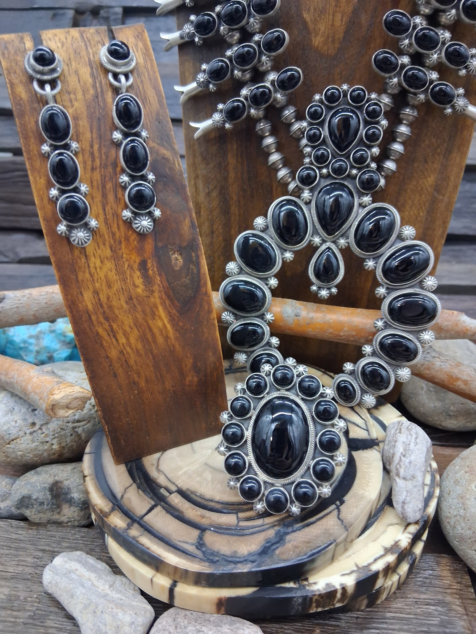 Black Onyx Squash Blossom Necklace 3 Piece Set by Freddie Maloney
