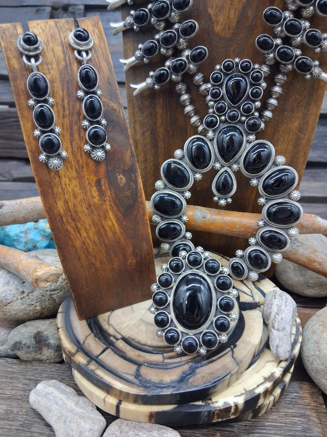 Black Onyx Squash Blossom Necklace 3 Piece Set by Freddie Maloney
