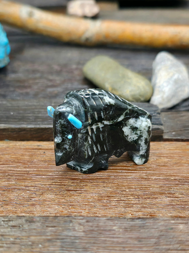 Hand Carved Black Bison Fetish with Turquoise Horns by Todd Etsate
