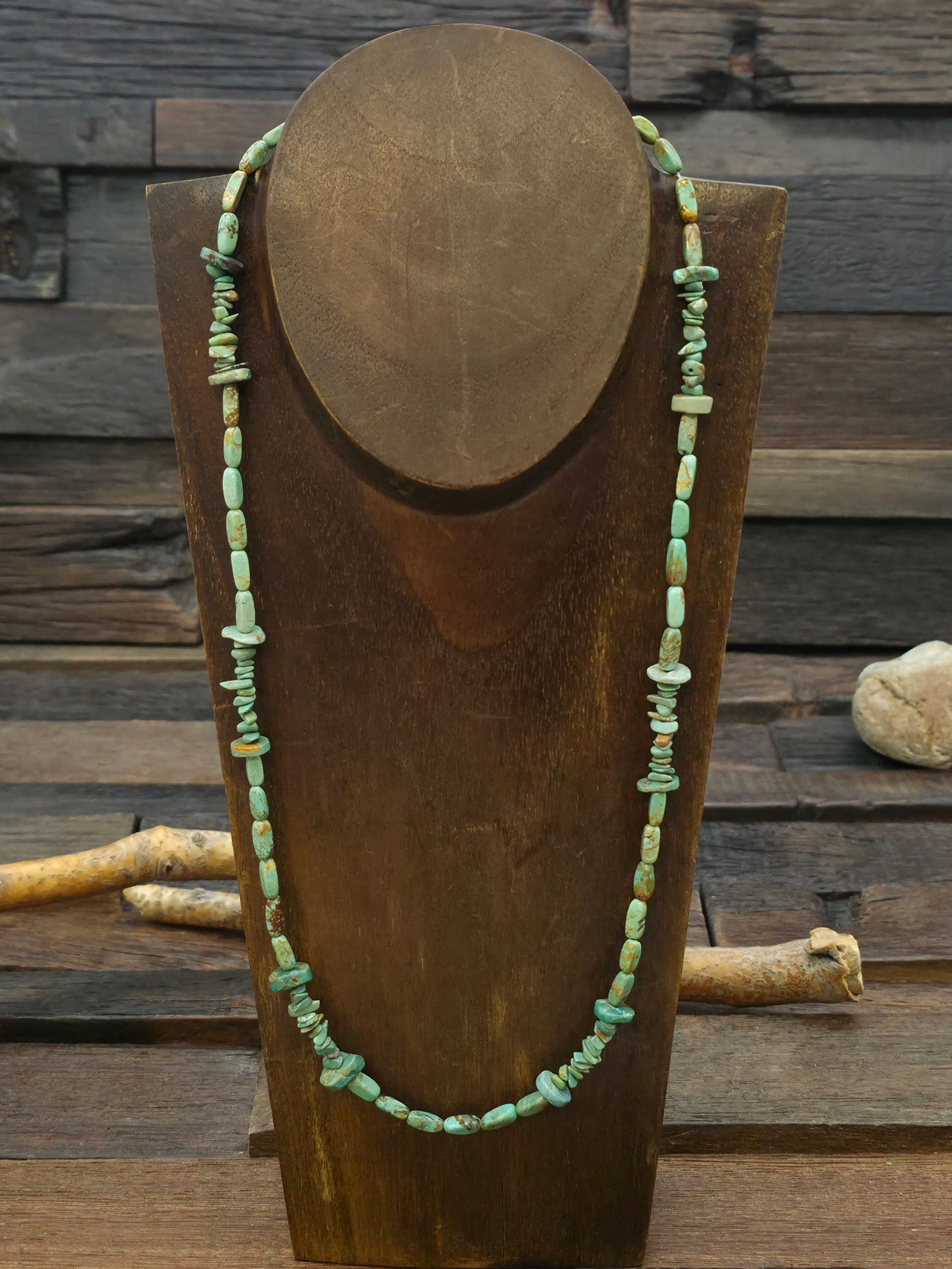 Mixed Chip and Bead Green Turquoise Necklace  - 24 in.