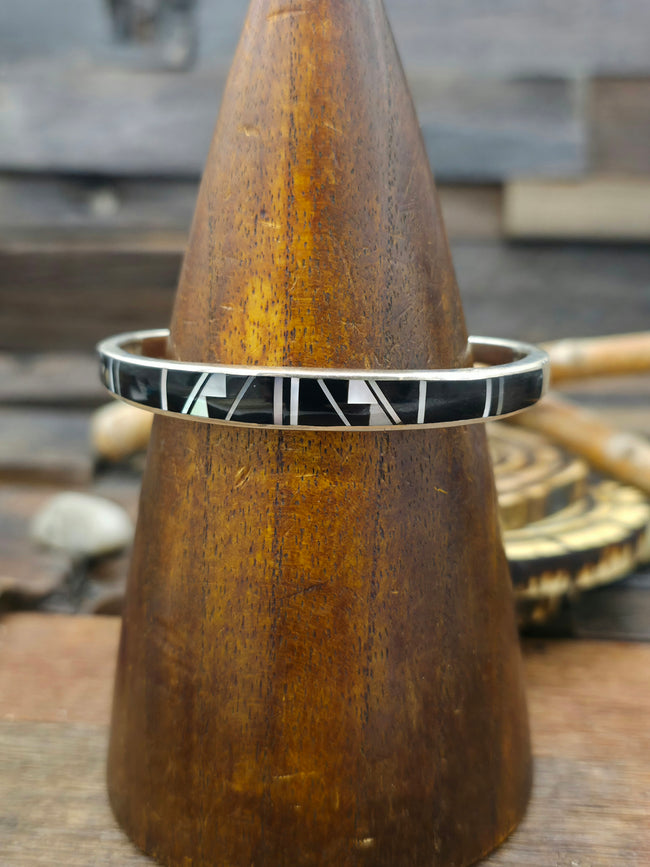 Onyx and Mother of Pearl Inlay Sterling Silver Cuff - 6 3/4 in.