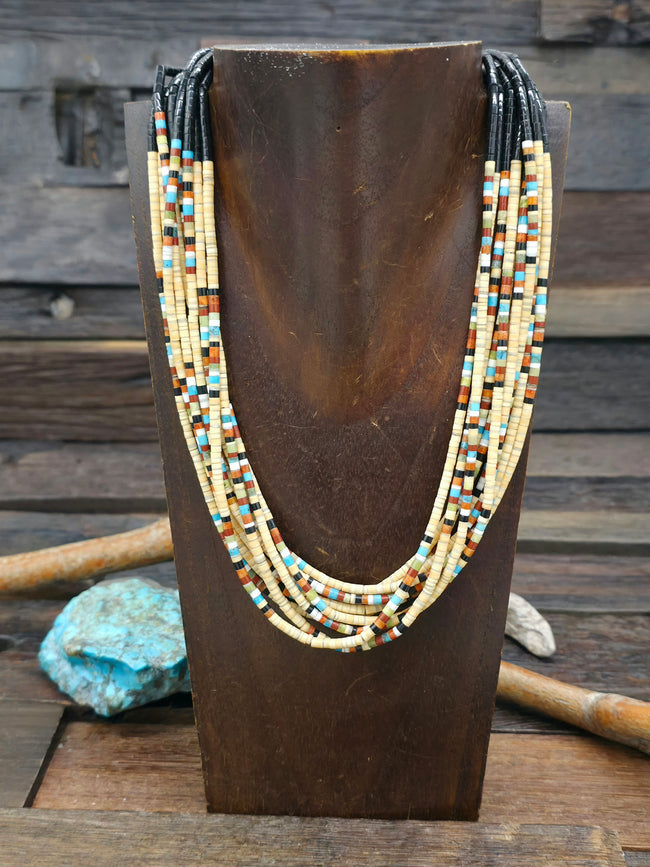 Ten Strand Jet and Tan Heishi with Multicolored Stone Necklace by Doreen Calabaza - 19 in.