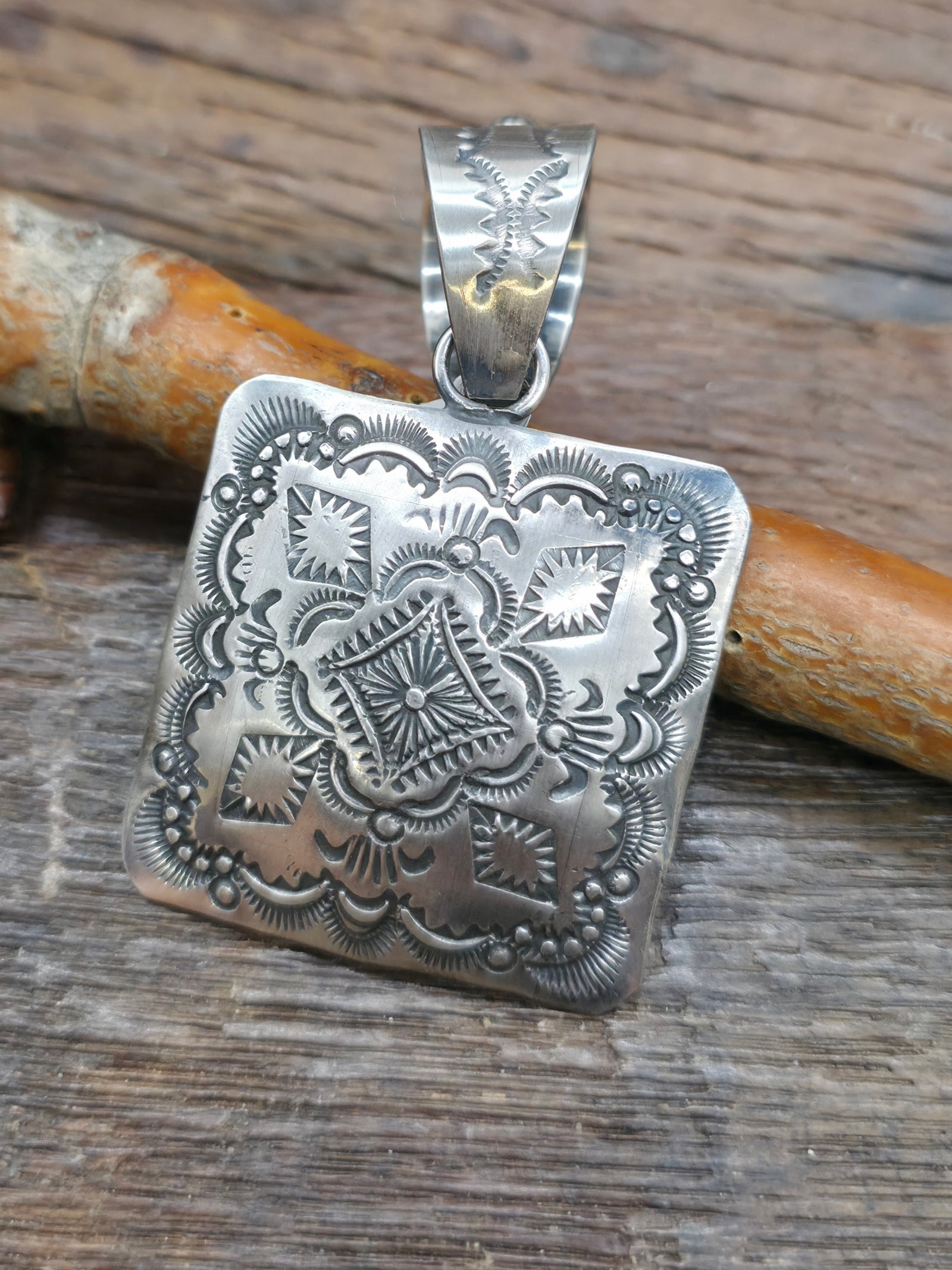 Stamped Sterling Silver Square Pendant by Vincent Platero - 2 3/4 in. by 1 1/2 in.