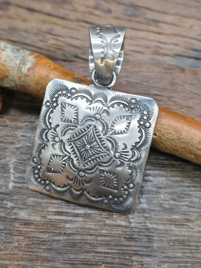 Stamped Sterling Silver Square Pendant by Vincent Platero - 2 3/4 in. by 1 1/2 in.