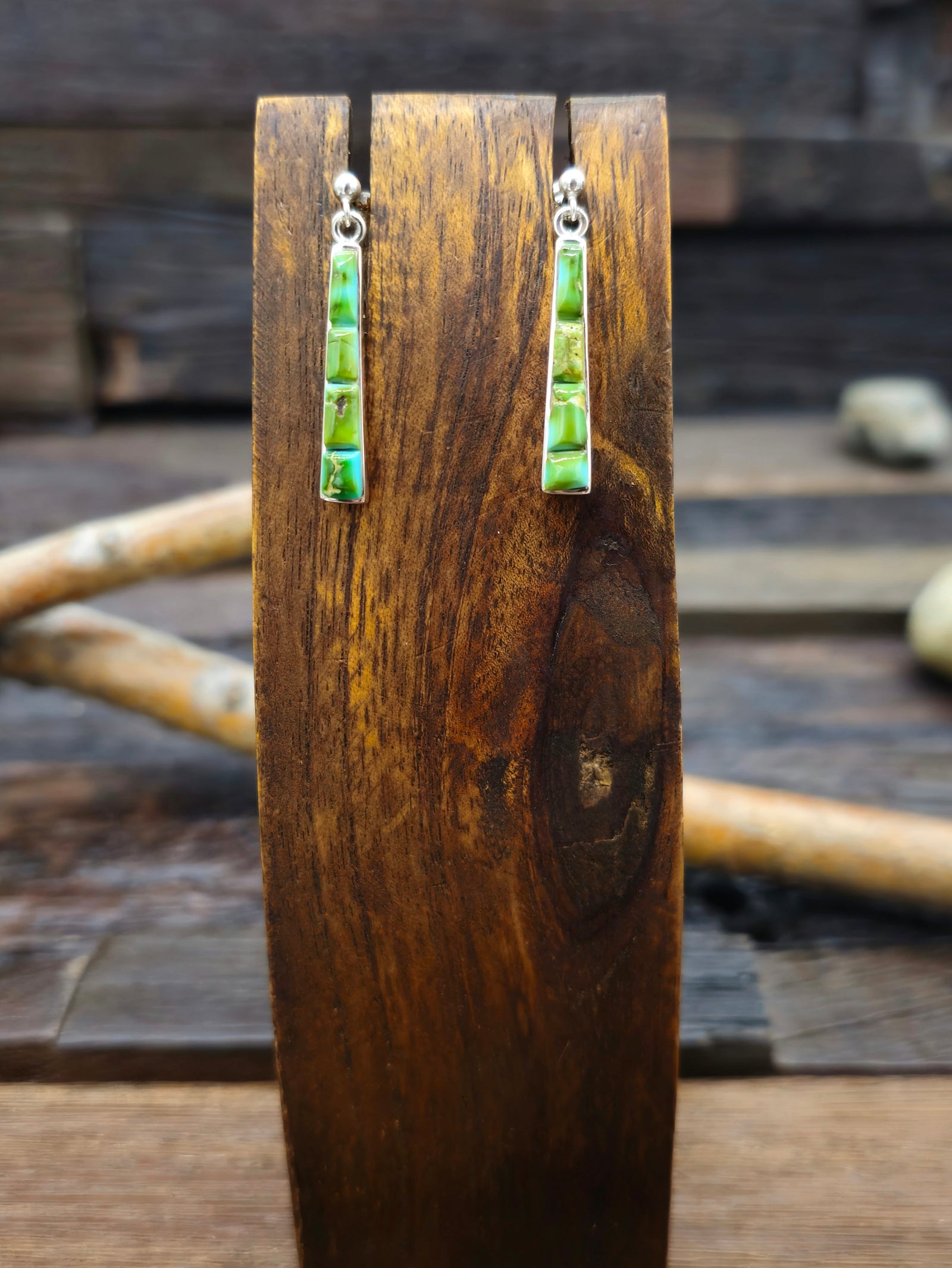 Green Turquoise Cobblestone Inlay Post Dangle Earrings by Rick Tolino