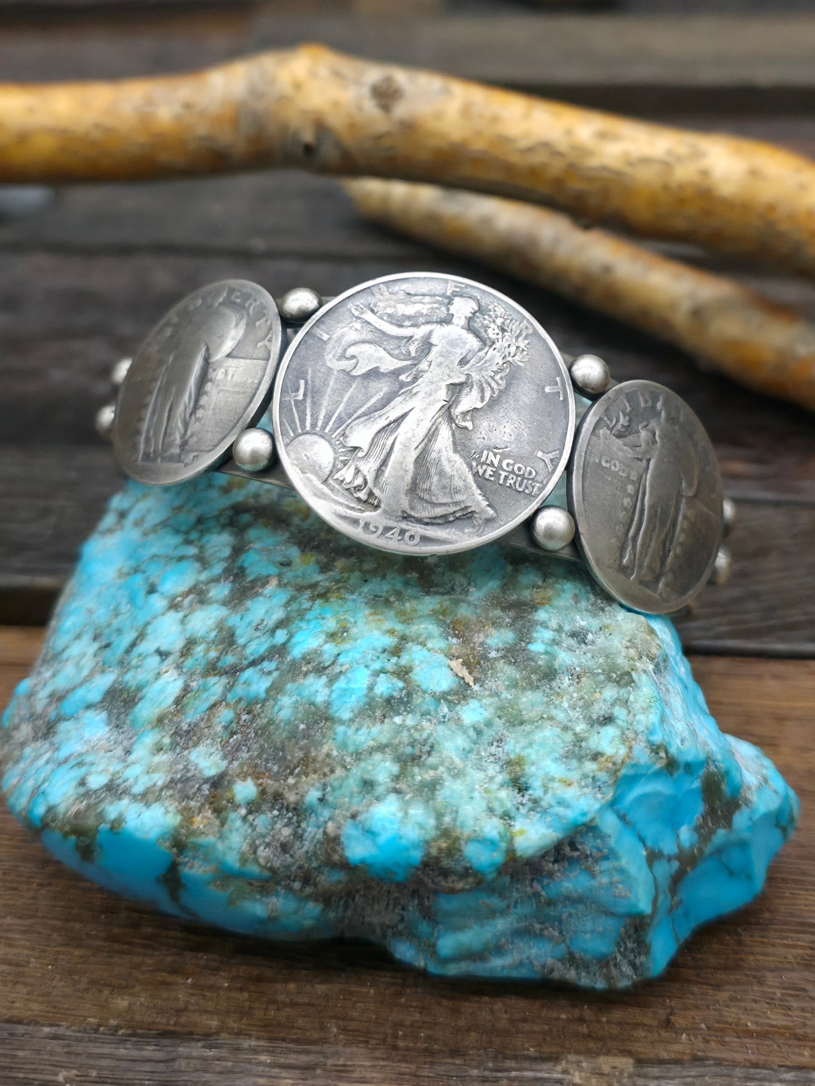 Sterling Silver Cuff with Standing Liberty Coins by L. Archuleta - 7 in. w/gap