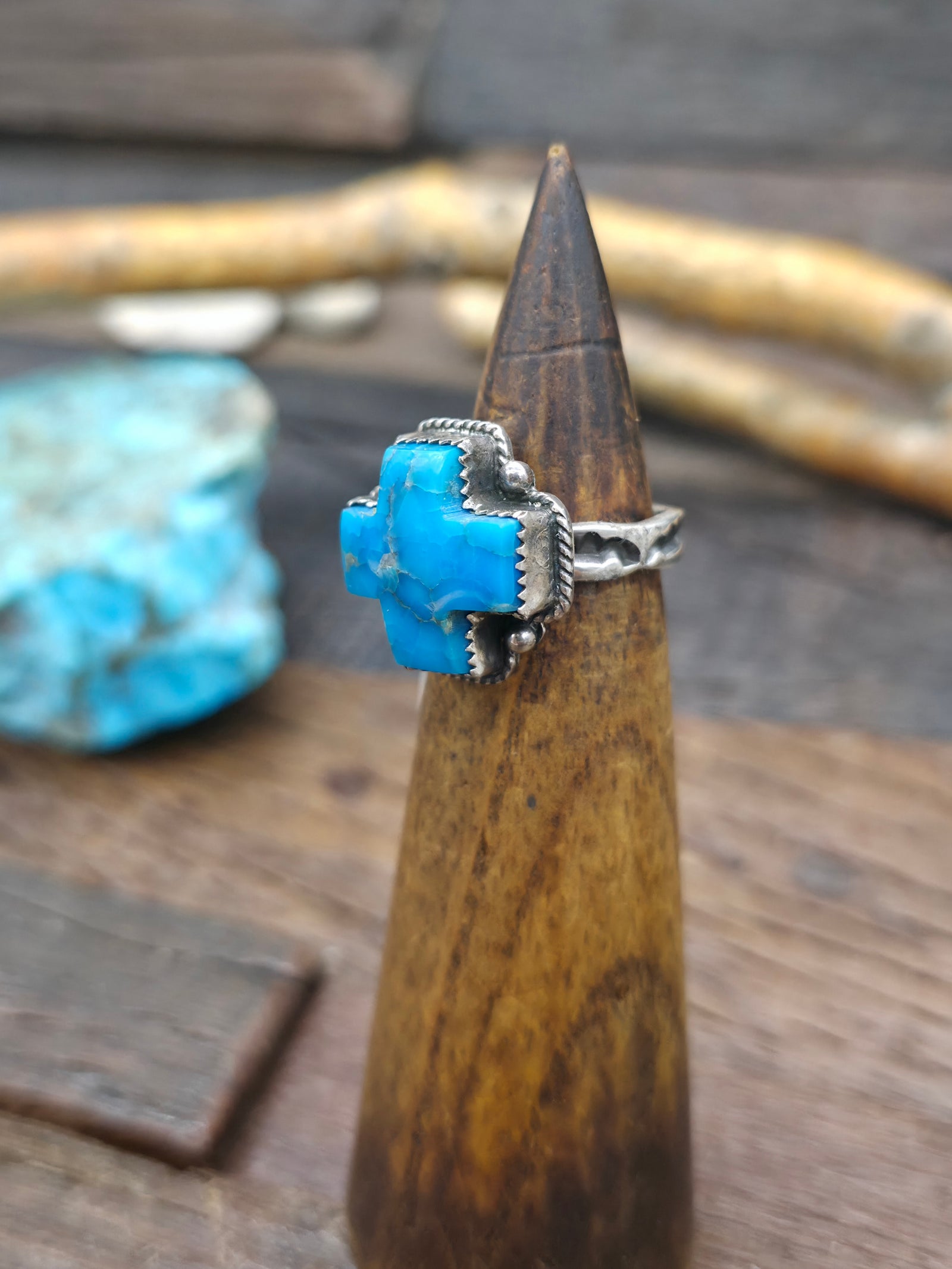 Turquoise Santa Fe Cross Ring by L. Archuleta - Size 7