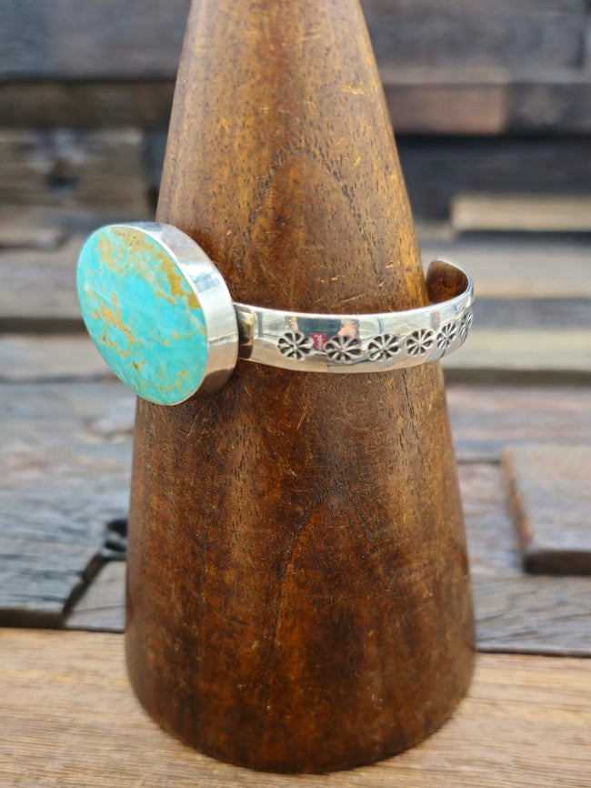 Turquoise and Flower Stamped High Shine Sterling Silver Bracelet 7 in.