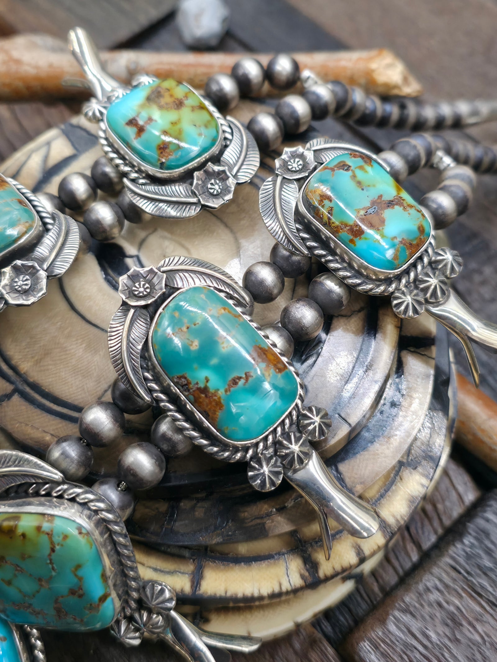 Turquoise and Sterling Silver Leaf Applique Squash Blossom Necklace and Earring Set by Leonard Platero - 30 in.