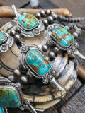 Turquoise and Sterling Silver Leaf Applique Squash Blossom Necklace and Earring Set by Leonard Platero - 30 in.