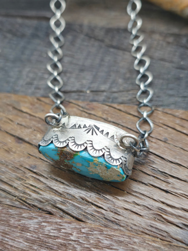 Sterling Silver Blue Turquoise Stamped Bezel Necklace - 20 in.