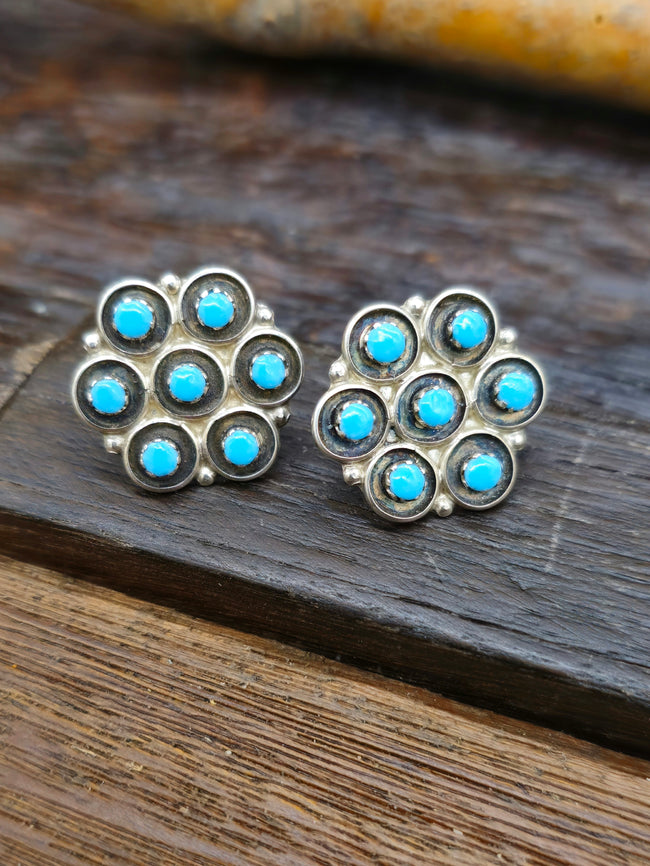Sterling Silver and Turquoise Petit Point Earrings by Marlinda Booqua