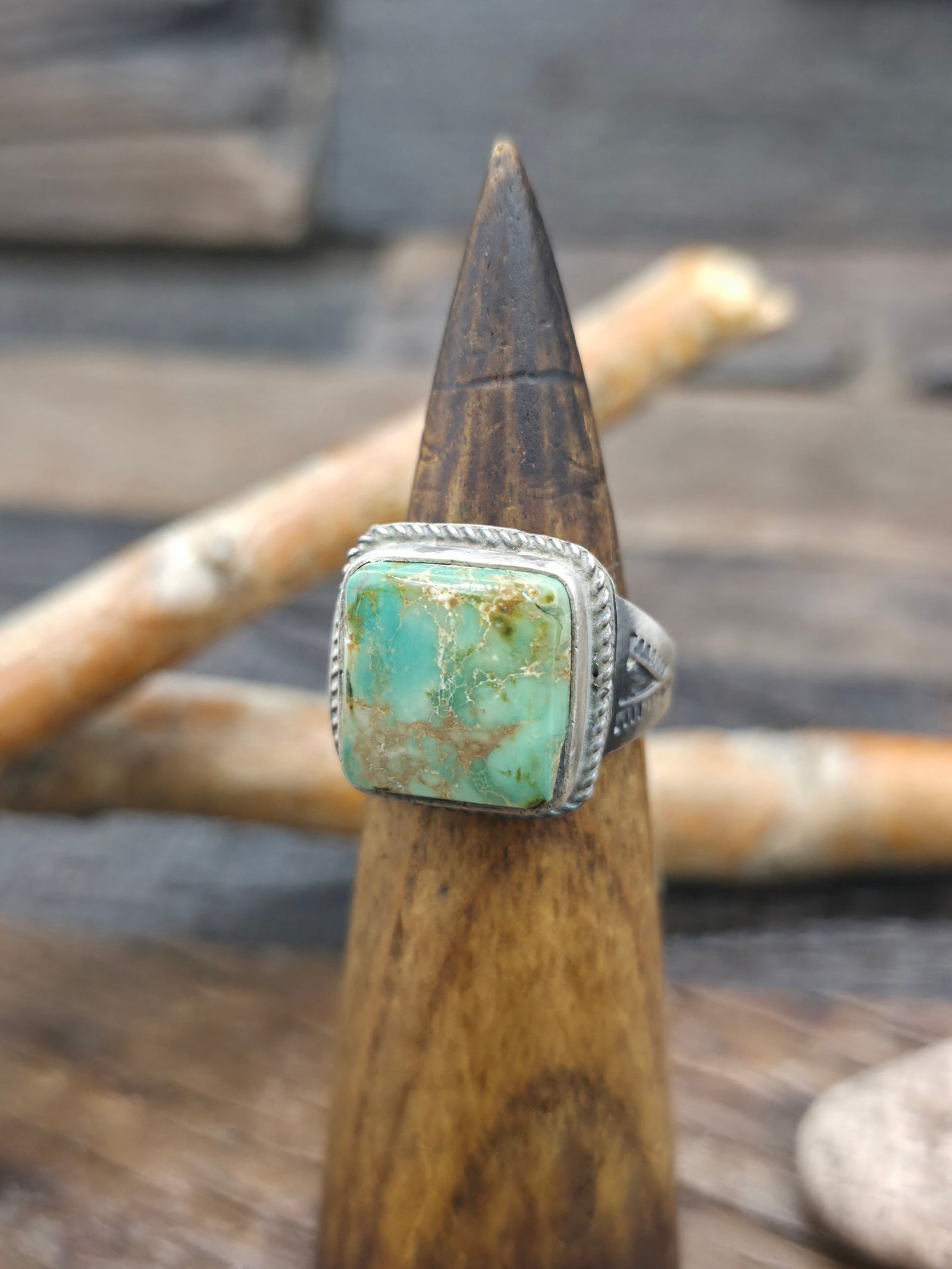 Square Sterling Silver Blue Gem Turquoise Ring by L. Ganado - Size 9 1/2