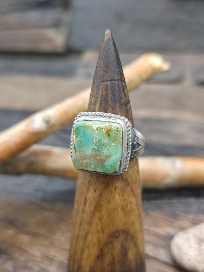 Square Sterling Silver Blue Gem Turquoise Ring by L. Ganado - Size 9 1/2