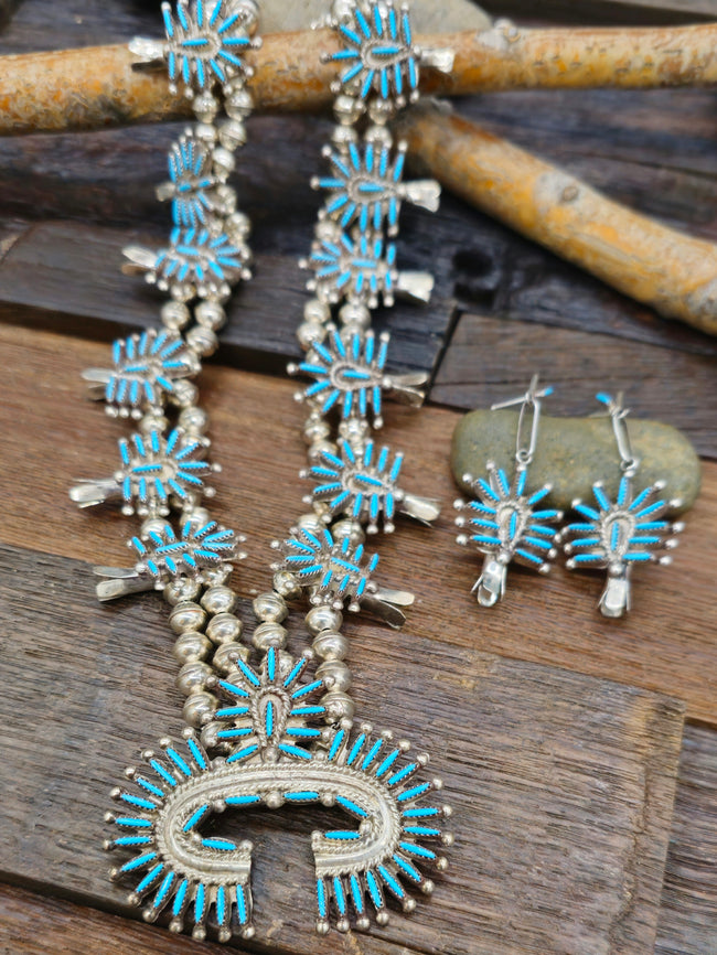 Zuni Needlepoint Turquoise Squash Blossom Necklace