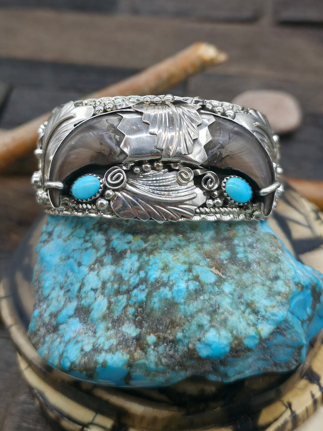 Sterling Silver Leaf Applique Cuff with Bear Claws and Turquoise  - 6 3/4 in. with Gap