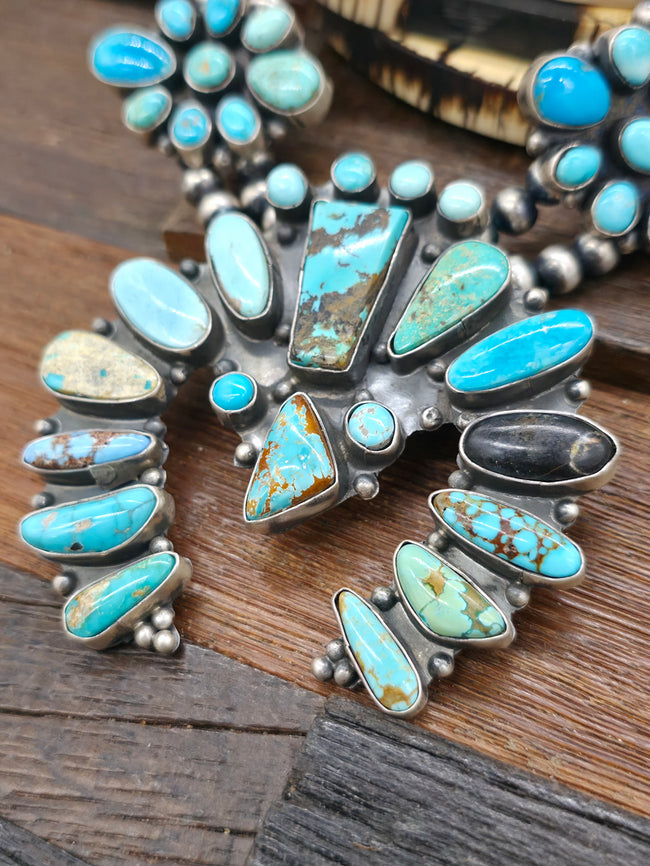 Sterling Silver Mixed Turquoise Squash Blossom Necklace and Earring Set by "R.S" - 28 in.