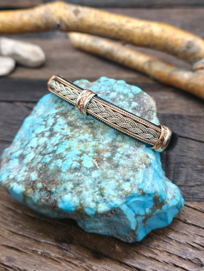 Leather Wrapped Copper, Nickle, and Brass Braided Wire Cuff - NON NATIVE MADE - 6 1/2 in. with Gap