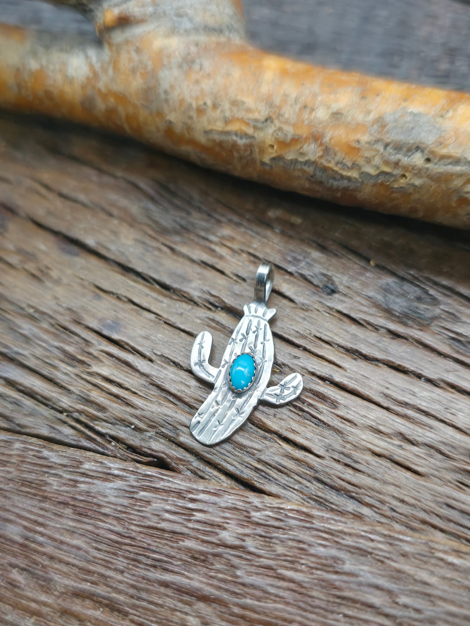Mini Stamped Sterling Silver Turquoise Cactus Pendant - 1 in. by 1/2 in.