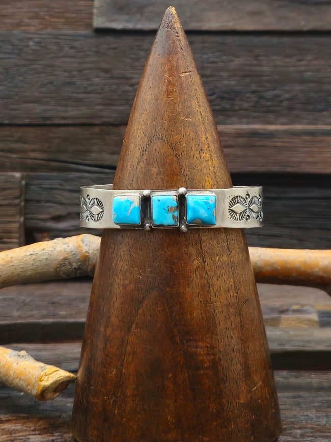 Three-Stone Bluebird Turquoise Sterling Silver Cuff by LaRose Ganadanegro - 6 1/2in.