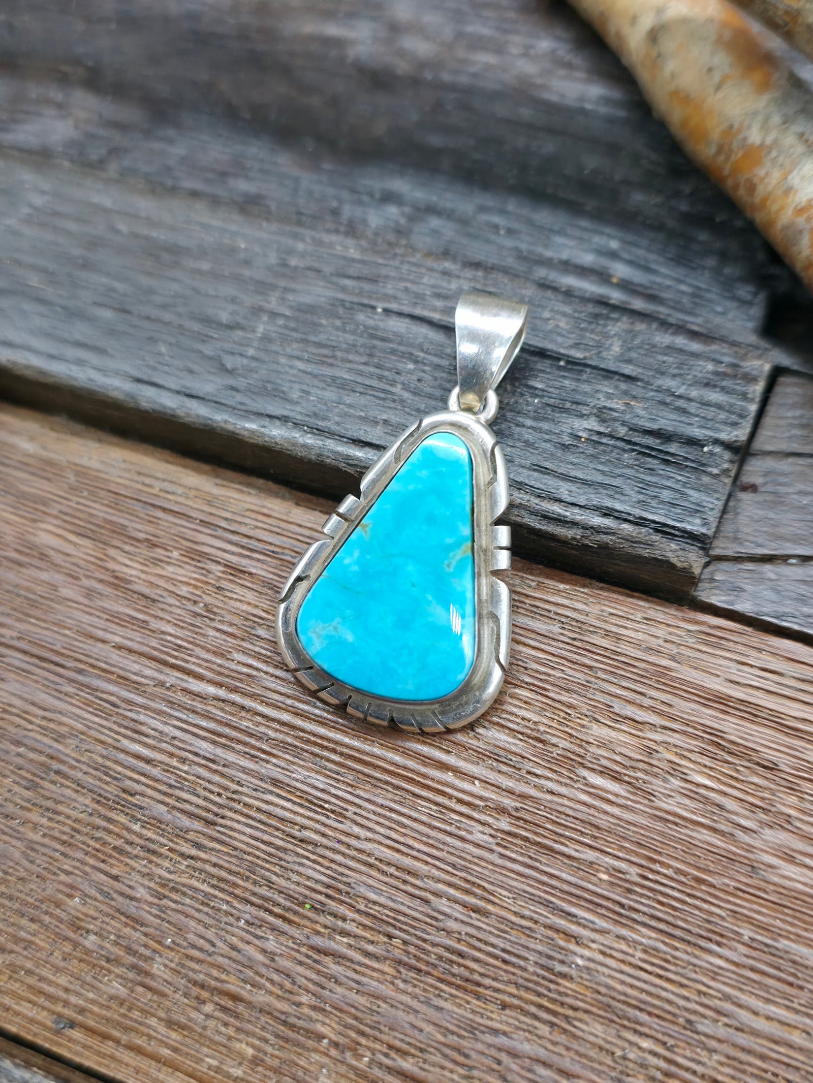 Sterling Silver Kingman Turquoise Triangular Pendant by Peggy Skeets