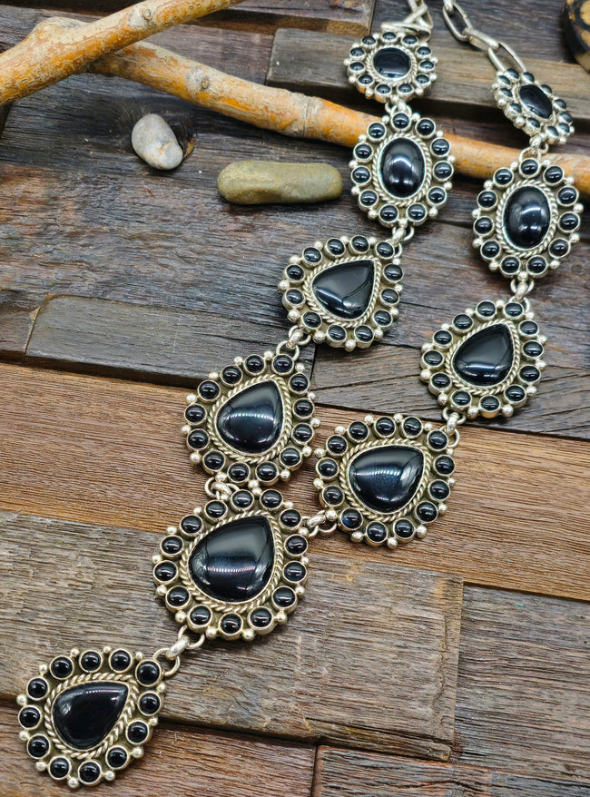 Sterling Silver Black Onyx Cluster Lariat by Melvin and Tiffany Jones - 32 in