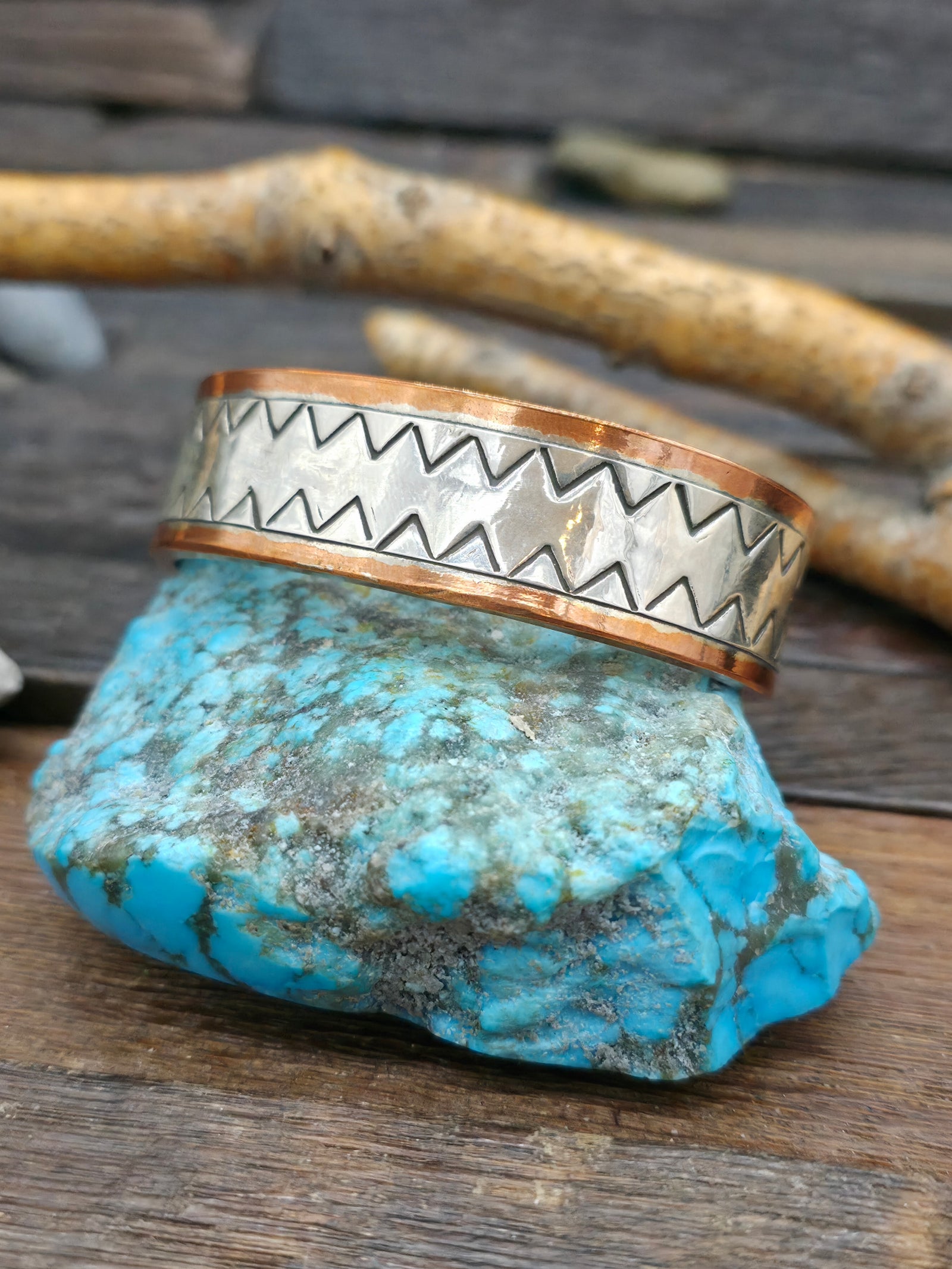 Copper and Stamped Sterling Silver Cuff by Wylie Secatero - 6 1/2 in. w/Gap