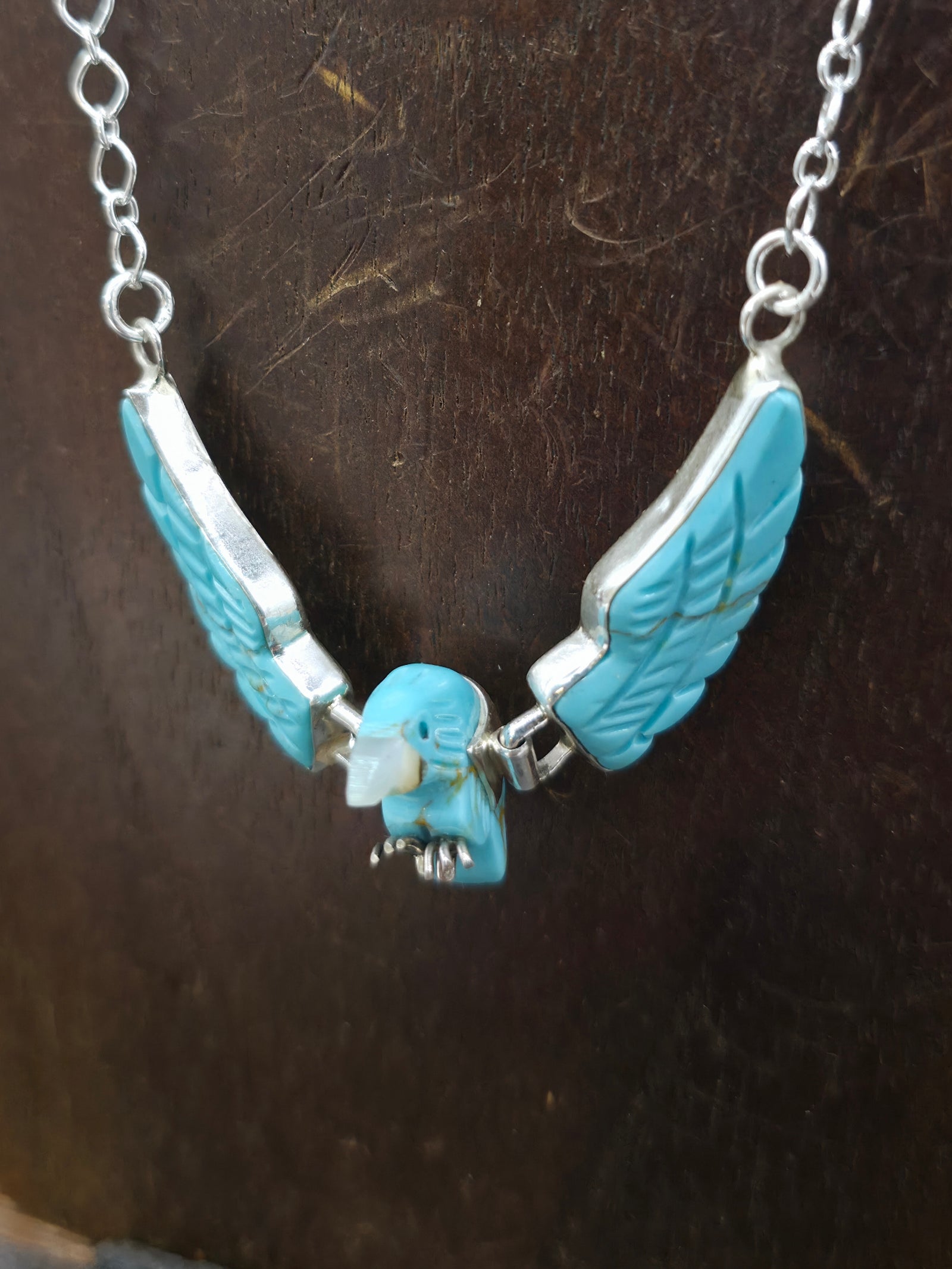 Sterling Silver, Carved Turquoise and Mother of Pearl Eagle Necklace by Ben Livingston - 21 in.